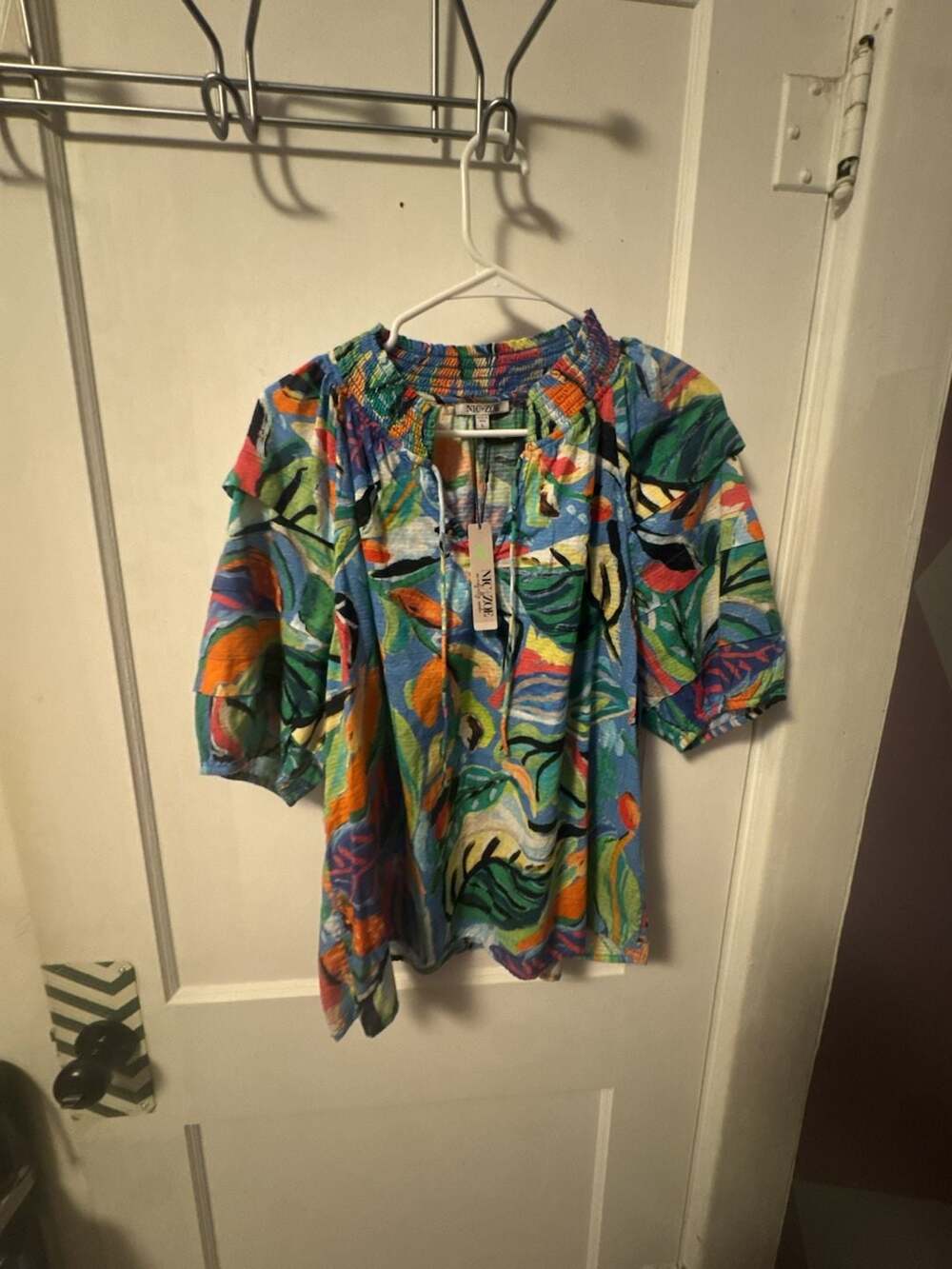 NIC+ZOE Blouse Size L Blue Multi Cotton Tropical Print